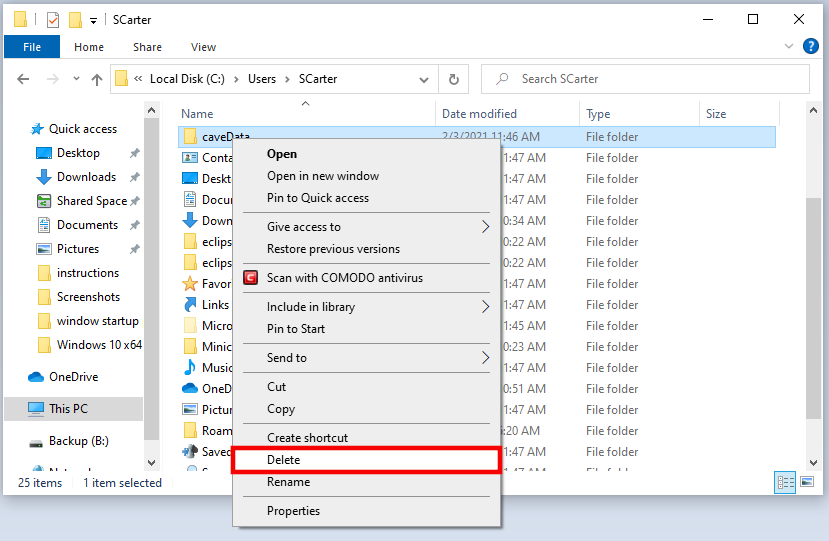 Windows Remove caveData