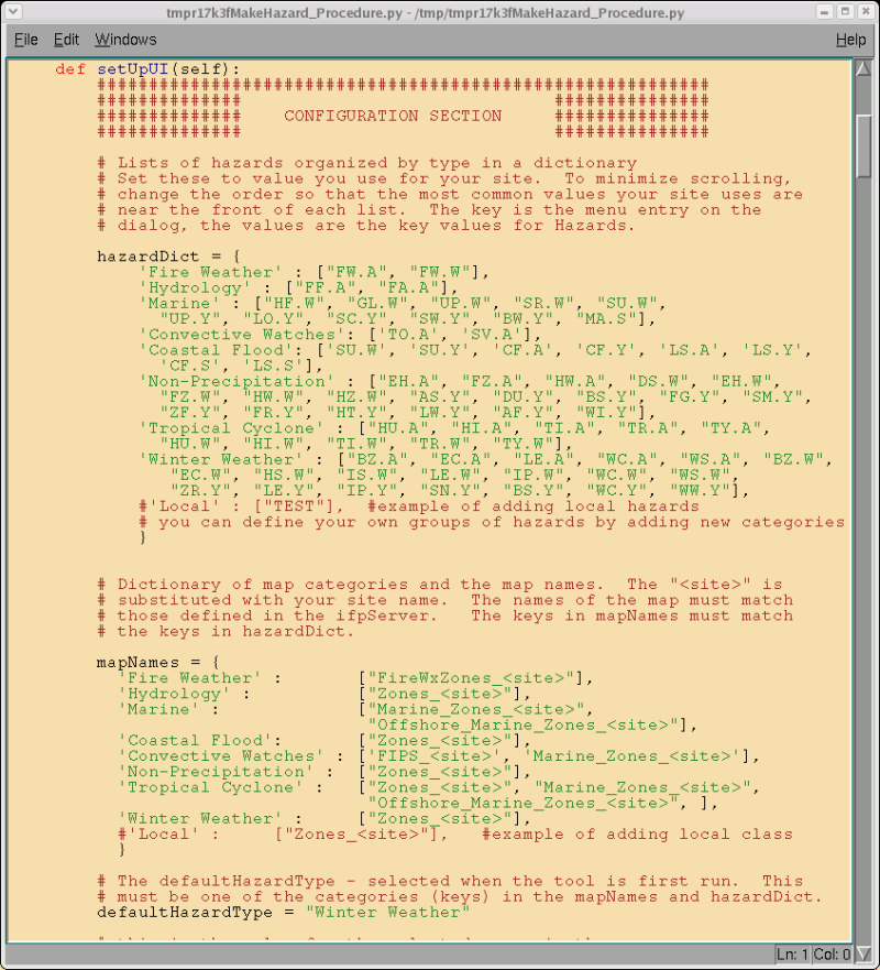 MakeHazard Configuration screen